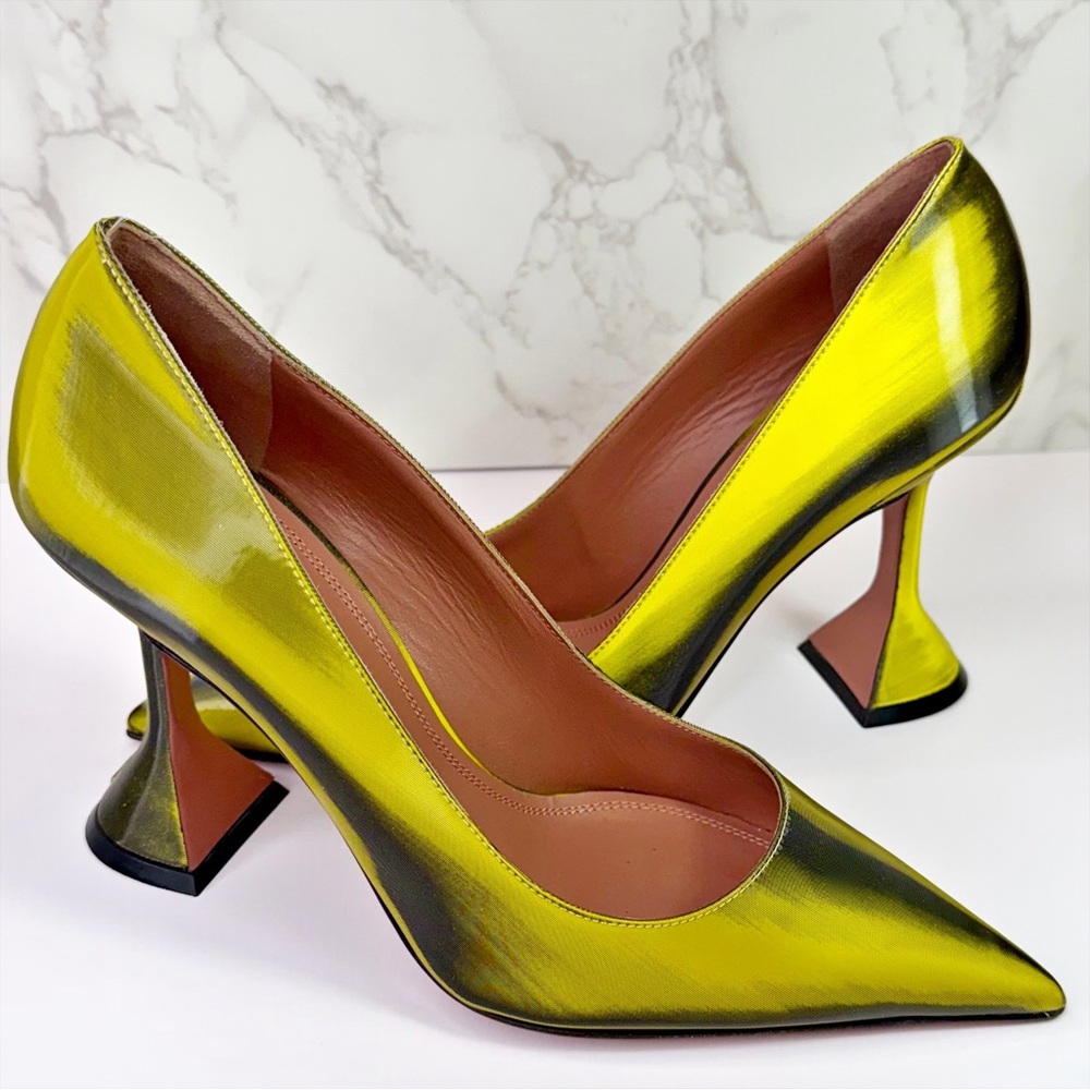 Rare Amina Muaddi “Ami” Patent Leather “Flou Yellow” Pumps